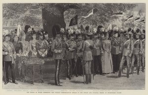 Prinsen af Wales overrækker jubilæumsmedaljerne til de indiske og koloniale tropper i Buckingham Palace (litho) af English School