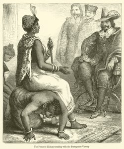 Prinsessen Zhinga behandler med den portugisiske vicekonge (gravering) af English School
