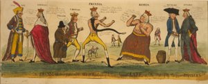 Den preussiske priskæmper og hans allierede forsøger at tæmme kejserlige Kate, eller de europæiske bursiers stat, 1791 (håndfarvet radering) af English School