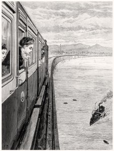 Dronningens tilbagevenden fra højlandet; Hendes Majestæt krydser Tay Bridge, Dundee af English School