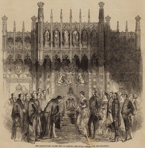 Dronningens besøg i City of London, den kongelige trone i Guildhall (kobberstik) af English School