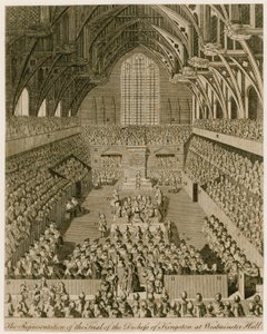 Repræsentationen af retssagen mod hertuginden af Kingston i Westminster Hall af English School