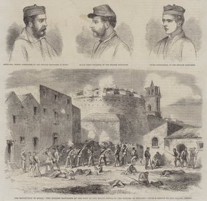 Revolutionen på Sicilien, den engelske bataljon ved foden af det runde tårn på citadellet i Melazzo (gravering) af English School