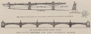 De rivaliserende designs til New Vauxhall Bridge (gravering) af English School