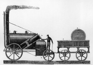 The Rocket, damplokomotiv designet og bygget af George og Robert Stephenson i 1829 til Liverpool-Manchester jernbanen (gravering) af English School