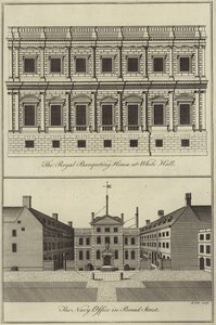 Royal Banqueting House i Whitehall og Navy Office i Broad Street, London af English School