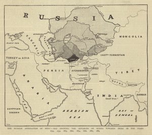 Den russiske annektering af Merv, kort, der viser Ruslands fremskridt mod Indien i årene 1734, 1836, 1863, 1867, 1874, 1876, 1881, 1884 af English School
