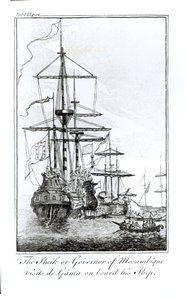 Sheiken eller guvernøren af Mozambique besøger da Gama om bord på hans skib (gravering) (bundw foto); af English School