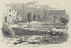 The Site of New Place, der viser udgravningerne for nylig lavet af Shakspeare-komiteen (gravering) af English School