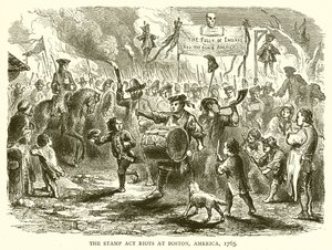 Frimærkeloven optøjer i Boston, Amerika, 1765 af English School
