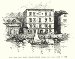The Steel Yard, etc, Thames Street, efter den store brand i 1666 (gravering) af English School