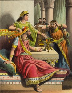 Historien om dronning Esther: Esther anklager Haman (farve litho) af English School