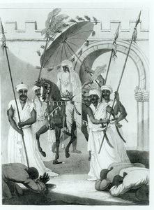 Sultanen af Marokko kommer ud for at give publikum, fra rejser gennem Frankrig og Spanien til Marokko af Maurice Keatinge, udgivet 1817 af English School