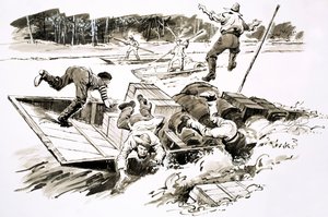 The Treasure-Hunters: Klondike Stampede (gouache på papir) af English School