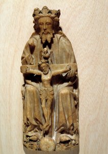 Treenighedsguden fristede sin søn Jesus på korset. Skulptur i albatre af den engelske skole. Paris fra det 15. århundrede, middelalderens nationalmuseum, Thermes de Cluny af English School