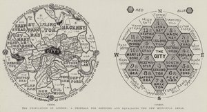 The Unification of London, et forslag til definition og udligning af de nye kommunale områder (gravering) af English School