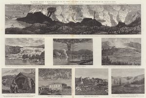 Vulkanudbruddet af Mount Tarawera, i Hot Springs Lake District i New Zealand, ødelæggelse af landsbyen Wairoa (gravering) af English School