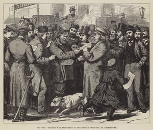 The War, læsning af krigstelegrammer i Nevsky Prospect, Skt. Petersborg (gravering) af English School