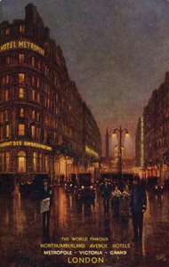 De verdensberømte Northumberland Avenue-hoteller, Metropole, Victoria, Grand, London (farvelitografi) af English School