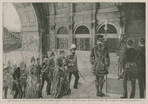 Ankomsten til hovedindgangen til Imperial Institute af prinsen af Wales, hertugen af York, hertuginden af Teck og prinsesse May af English School