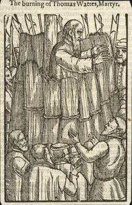 Afbrændingen af Thomas Wattes, martyr (kobberstik) af English School
