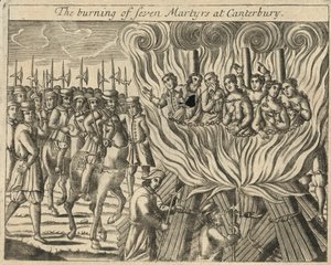 Afbrændingen af syv martyrer i Canterbury (kobberstik) af English School