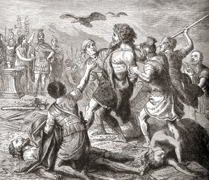 Tilfangetagelsen af Teutobochus, en legendarisk kæmpe og teutonernes konge, fra Ward and Locks Illustrated History of the World, pub. ca. 1882 af English School