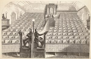 Kapellet, på det separate system, i Pentonville Prison, under gudstjeneste, illustration fra The Criminal Prisons of London og Scenes from Prison Life af Henry Mayhew og John Binny, pub. 1862 af English School