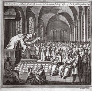 Beskrivelsen af en pavepræst, som, da han havde frataget jer Kristi Ære og embede, pludselig faldt ned og døde, illustration fra Foxes Martyrs c.1703 af English School
