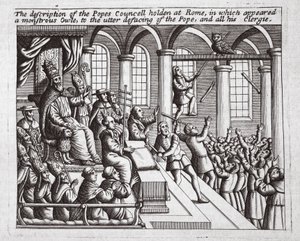 Beskrivelsen af paverådet afholdt i Rom, hvor en monstrøs ugle optrådte, til fuldstændig skændsel af paven og hele hans præsteskab, illustration fra Acts and Monuments af John Foxe, 9. udg. af English School