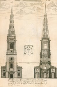 Højden og udsigten til den vestlige ende af tårnet i St Brides-kirken i Fleet Street, London