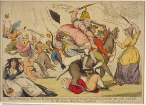 Frankrigs geni, der udrydde despoti, tyranni og undertrykkelse fra jordens overflade, eller de kongelige krigere besejret, 1792 (håndfarvet radering) af English School