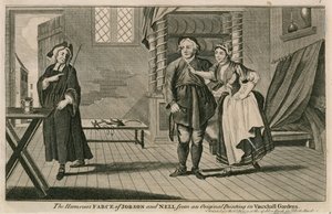 Den humoristiske farce af Jobson og Nell fra et originalt maleri i Vauxhall Gardens, London af English School