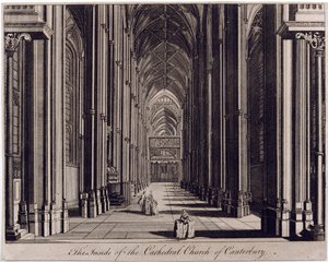 Indersiden af Cathedral Church of Canterbury", med udsigt over skib, fra vestenden, ca. 1700-43 af English School