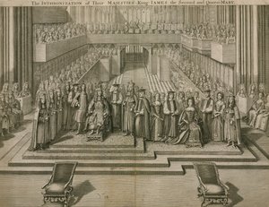 Trongørelsen af deres Majestæter, King James II og Queen Mary, i Westminster Abbey af English School