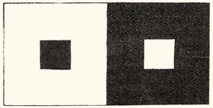 Bestrålings-illusionen om visuel perception, hvor et lyst område af synsfeltet ser større ud end et ellers identisk mørkt område. At stirre på dette billede forårsager en spredning af lys inde i øjet og har den effekt at forstørre billedet af et lys af English School