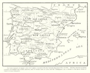 De sidste rester af Spaniens engang så store imperium forsvandt med den spansk-amerikanske krig i 1898 (litografi) af English School
