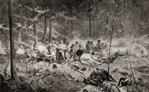 Major Allan Wilsons sidste stand ved Shangani-floden, Matabeleland, under den første Matabele-krig i 1893, efter maleriet af Allan Stewart, fra 