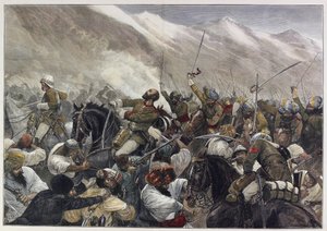 Den sene afghanske krig: Major Wigram Battyes død i slaget ved Futtehabad 30. april (farvet indgravering) af English School