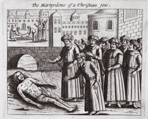 En kristen jødes martyrdød, illustration fra Acts and Monuments af John Foxe, niende udgave, pub. 1684 af English School