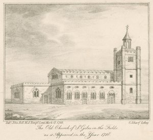 Den gamle kirke St Giles in the Fields, London, som den så ud i år 1718 af English School