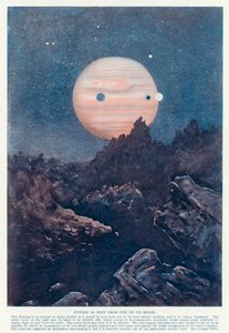 Planeten Jupiter set fra en af dens måner (litografi i farver) af English School