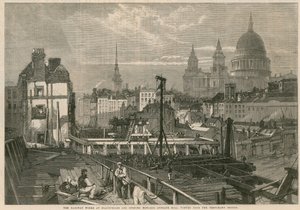 Jernbanen arbejder ved Blackfriars og åbner mod Ludgate Hill, London, set fra den midlertidige bro af English School