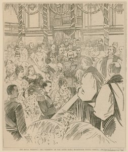 Det kongelige bryllup, ceremonien ved alterskinnerne, Buckingham Palace Chapel, 23. juli 1896 af English School