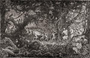 Spejderne på Sir Henry Morton Stanleys Emin Pasha-hjælpeekspedition i Afrika i 1888 opdager pygmæer, der bærer en kasse med ammunition væk, udgivet 1890. af English School