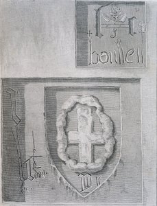 Underskriften af Anne Boleyn med Tudor Rose under hendes fængsling i Tower of London og en anden fange udskæring af et kors, 1815 af English School