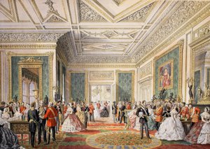 Underskrivelsen af ægteskabsattesten, fra A Memorial of the Marriage of Edward VII and Alexandra of Denmark, pub. 1864 af English School
