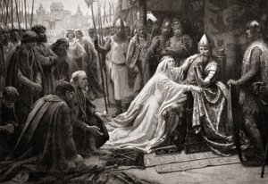 Hustruen til kong Edward III, dronning Philippa af Hainault, går i forbøn for sin mand for at bede om, at livet for de syv borgere i Calais bliver skånet (tryk) af English School