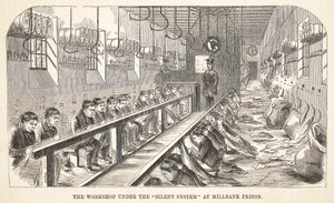 Workshoppen under det tavse system i Millbank Prison, illustration fra The Criminal Prisons of London og Scenes from Prison Life af Henry Mayhew og John Binny, pub. 1862 af English School