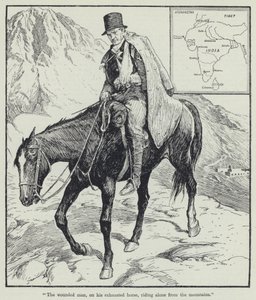 "Den sårede mand, på sin udmattede hest, rider alene ned fra bjergene" (litho) af English School